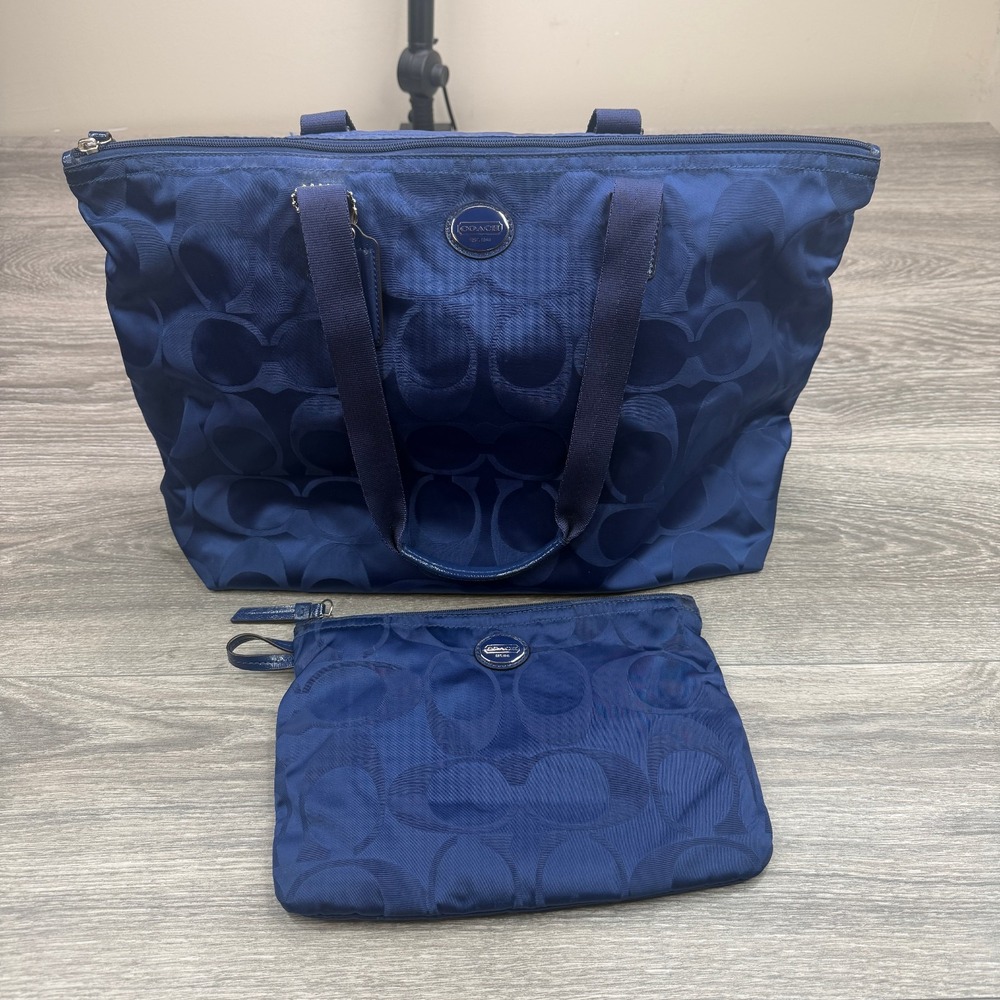 Coach Signature Nylon Packable Weekender Tote Bag Makeup Pouch Blue Travel